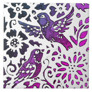 Bird Batik Modern Purple Blue Floral Woodland Ceramic Tile
