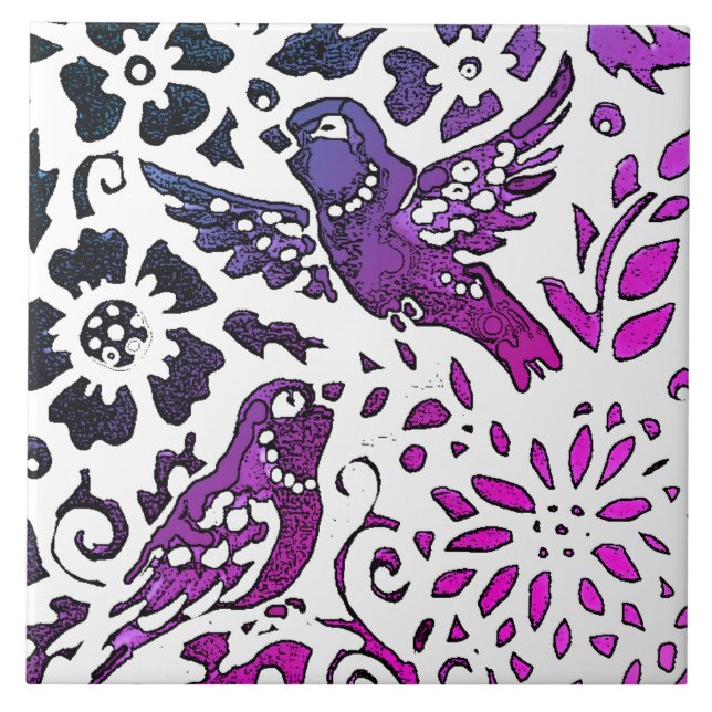 Bird Batik Modern Purple Blue Floral Woodland Ceramic Tile (Front)