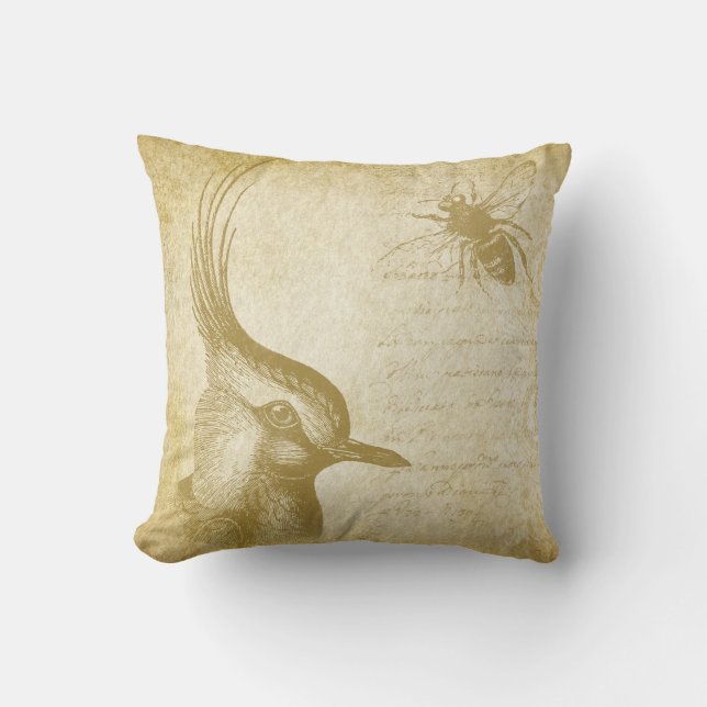 Bird & Bee Vintage Throw Pillow (Front)