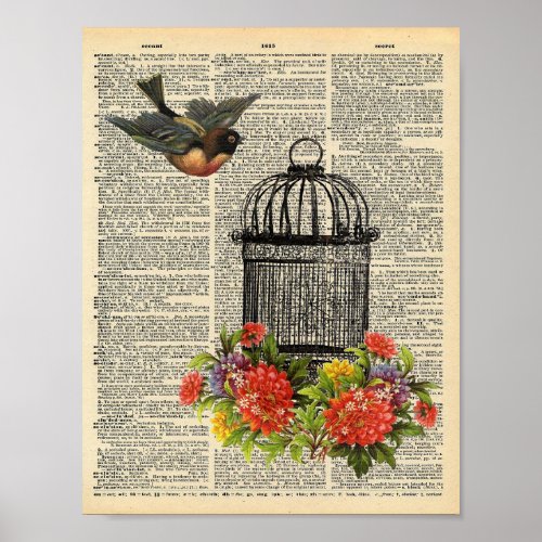 Bird  birdcage flowers vintage dictionary  poster