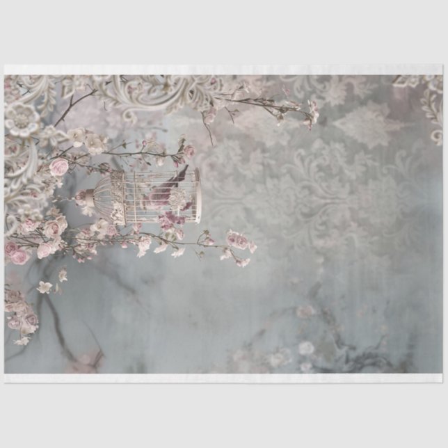 Bird & Birdcage, Shabby Chic Floral Fantasy Tissue Paper (Front)