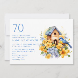 Bird Birdhouse Blue Yellow Flowers 70th Birthday Invitation