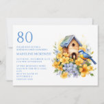 Bird Birdhouse Blue Yellow Flowers 80th Birthday Invitation<br><div class="desc">Beautiful blue bird and birdhouse with pretty blue and yellow flowers springtime or summer 80th birthday party invitation. This invitation can be purchased printed or as a digital invitation to share with family and friends on social media or through email. Contact me for assistance with your customizations or to request...</div>