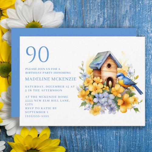 Bird Birdhouse Blue Yellow Flowers 90th Birthday Invitation