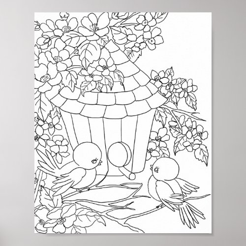 Bird Birdhouse floral tree art adult coloring  Poster