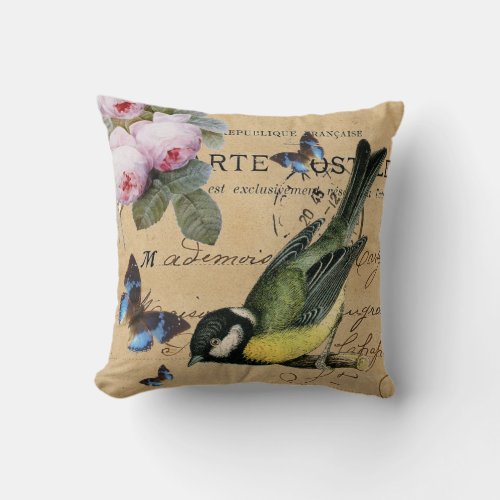 Bird blue butterfly roses shabby chic throw pillow