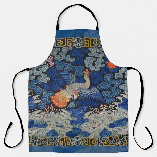 Bird Blue Chinese Embroidery Vintage Apron (Front)