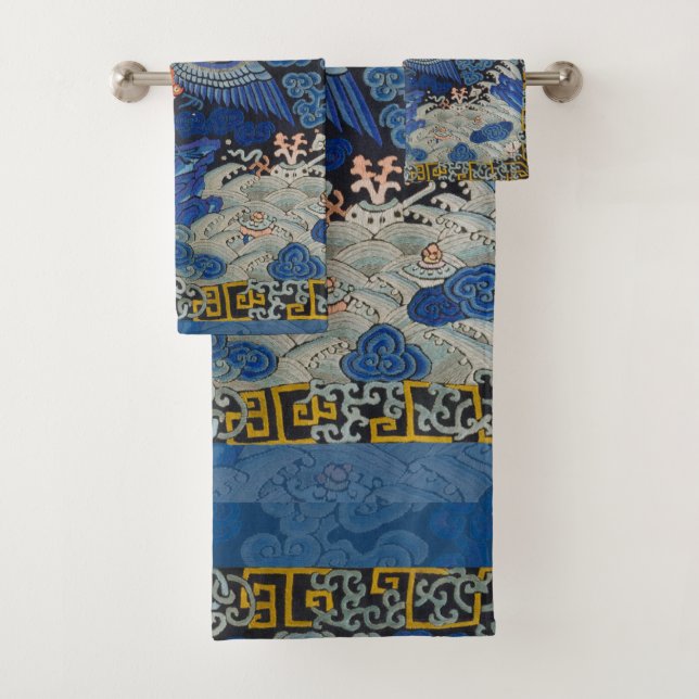 Bird Blue Chinese Embroidery Vintage Bath Towel Set (Insitu)