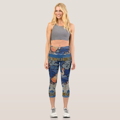 Bird Blue Chinese Embroidery Vintage Capri Leggings