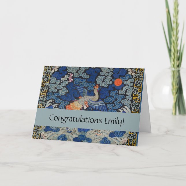 Bird Blue Chinese Embroidery Vintage Card (Front)