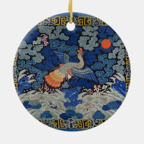Bird Blue Chinese Embroidery Vintage Ceramic Ornament