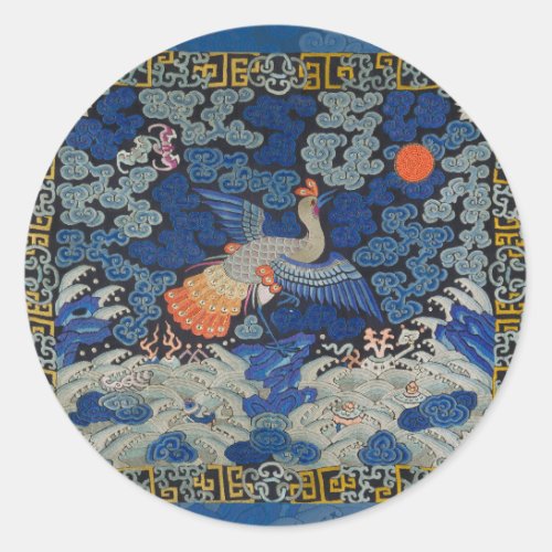 Bird Blue Chinese Embroidery Vintage Classic Round Sticker