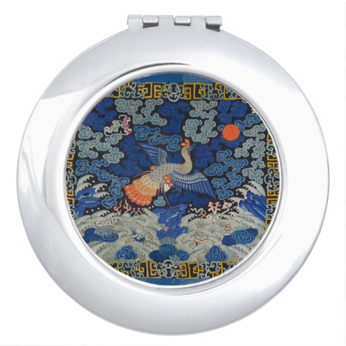 Bird Blue Chinese Embroidery Vintage Compact Mirror
