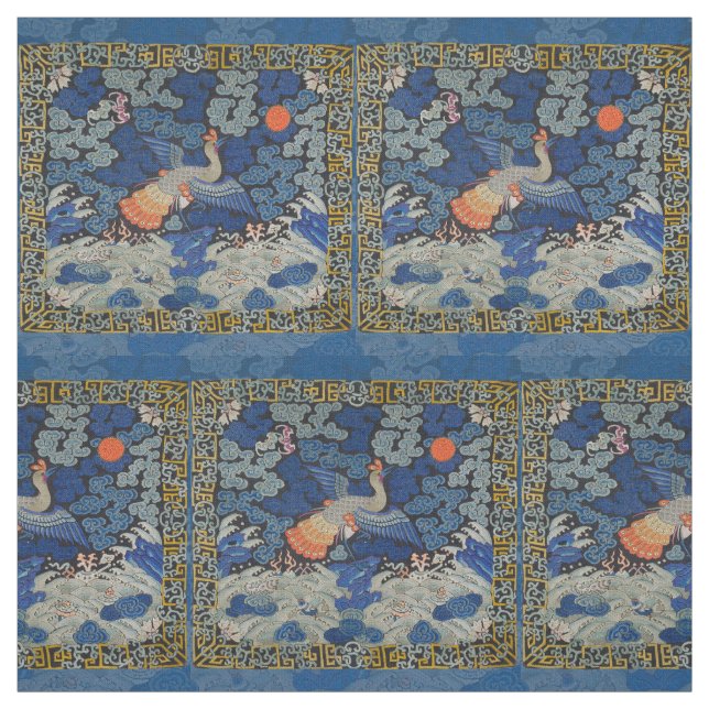 Bird Blue Chinese Embroidery Vintage Fabric (Swatch)