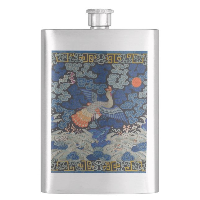 Bird Blue Chinese Embroidery Vintage Flask (Front)