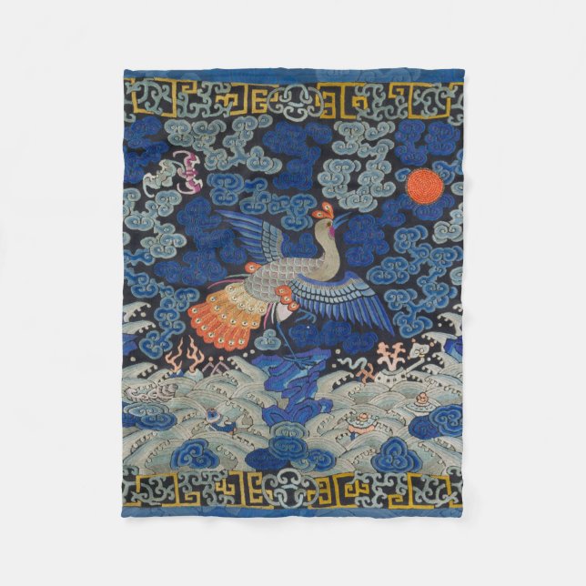 Bird Blue Chinese Embroidery Vintage Fleece Blanket (Front)