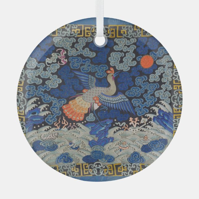 Bird Blue Chinese Embroidery Vintage Glass Ornament (Front)