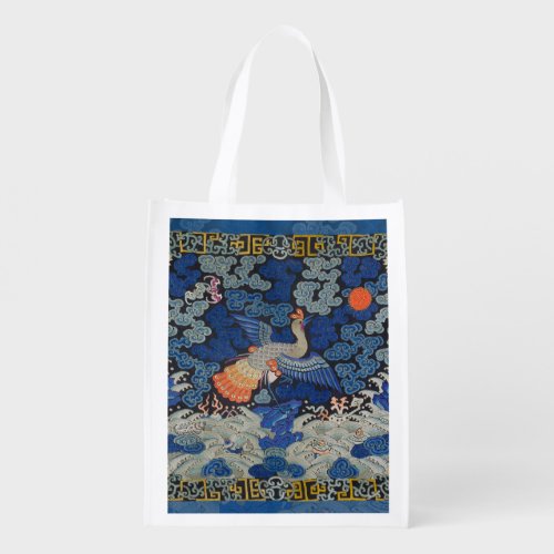 Bird Blue Chinese Embroidery Vintage Grocery Bag
