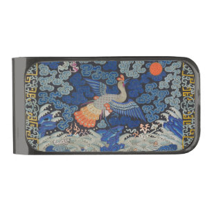 Bird Blue Chinese Embroidery Vintage Gunmetal Finish Money Clip