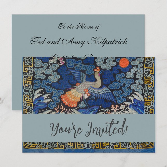 Bird Blue Chinese Embroidery Vintage Invitation (Front/Back)