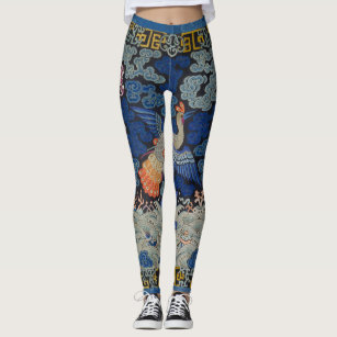 Bird Blue Chinese Embroidery Vintage Leggings