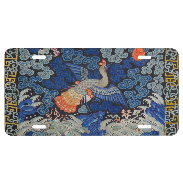 Bird Blue Chinese Embroidery Vintage License Plate (Front)
