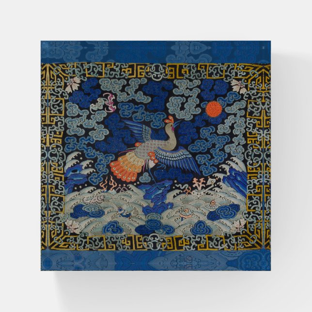 Bird Blue Chinese Embroidery Vintage Paperweight (Front)