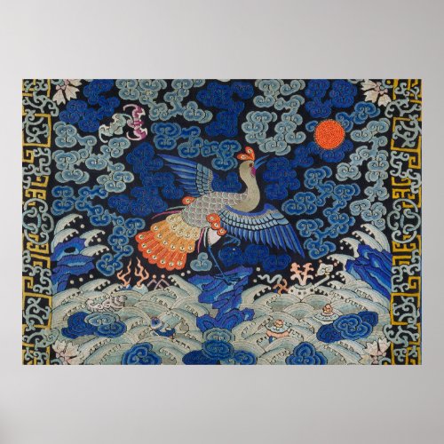 Bird Blue Chinese Embroidery Vintage Poster