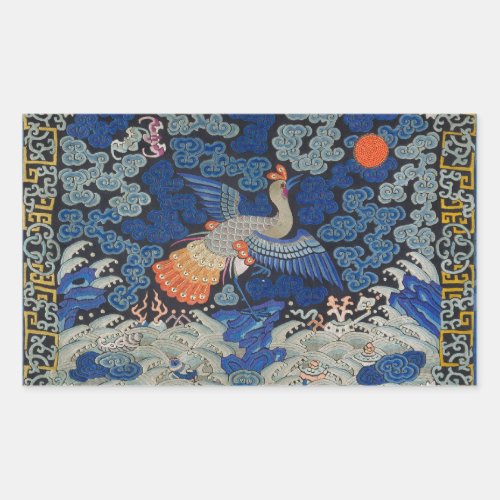 Bird Blue Chinese Embroidery Vintage Rectangular Sticker