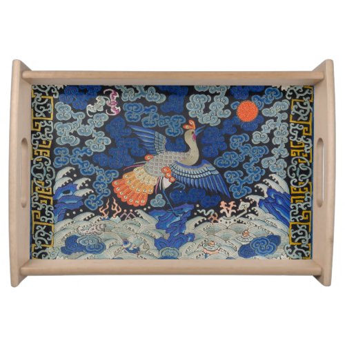 Bird Blue Chinese Embroidery Vintage Serving Tray