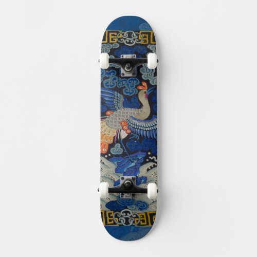 Bird Blue Chinese Embroidery Vintage Skateboard