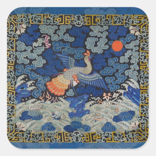 Bird Blue Chinese Embroidery Vintage Square Sticker