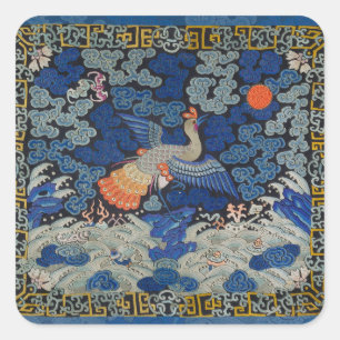 Bird Blue Chinese Embroidery Vintage Square Sticker