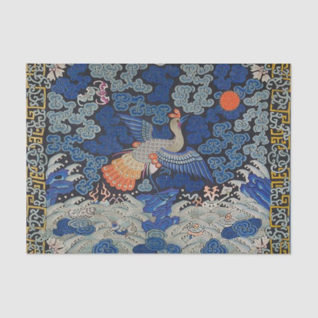 Bird Blue Chinese Embroidery Vintage Tissue Paper (Front)