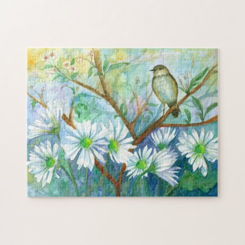 Bird Blue Daisy Garden Nature Watercolor Painting Jigsaw Puzzle