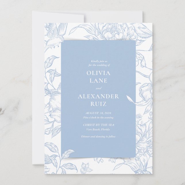Bird Botanical French Blue Floral Wedding Invitation (Front)