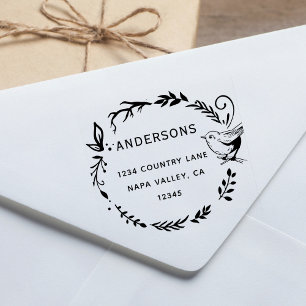 Bird & Botanical Wreath Return Address Rubber Stamp