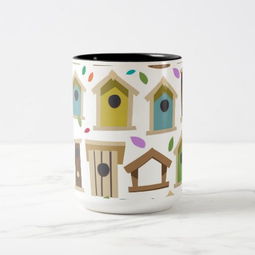 Bird boxes and feeders pattern Two_Tone coffee mug