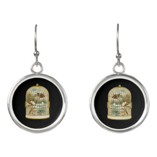 Bird Branch Cabin Snow Gold Birdcage Black Earrings