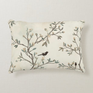 Bird Branch Watercolor Beige Nature Painting Accent Pillow