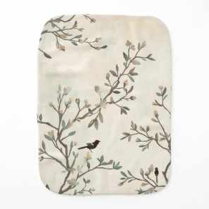 Bird Branch Watercolor Beige Nature Painting Baby Burp Cloth