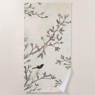 Bird Branch Watercolor Beige Nature Painting Beach Towel