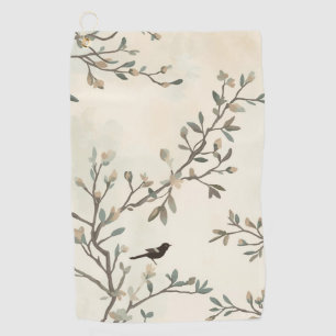 Bird Branch Watercolor Beige Nature Painting Golf Towel