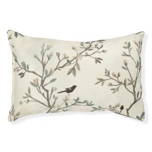 Bird Branch Watercolor Beige Nature Painting Pet Bed