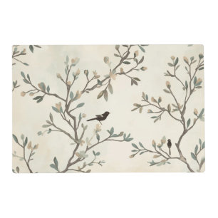 Bird Branch Watercolor Beige Nature Painting Placemat