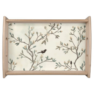 Bird Branch Watercolor Beige Nature Painting Serving Tray