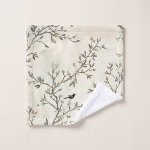 Bird Branch Watercolor Beige Nature Painting Wash Cloth