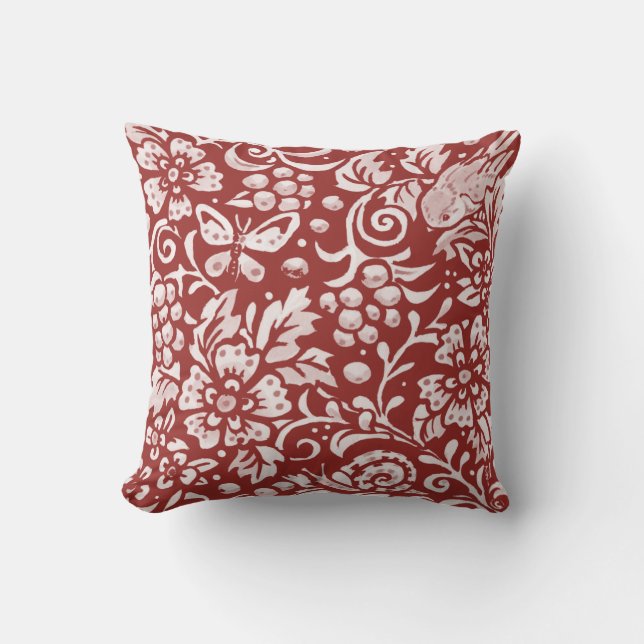 Bird Butterfly Brick Red Woodland Floral Damask Throw Pillow (Front)