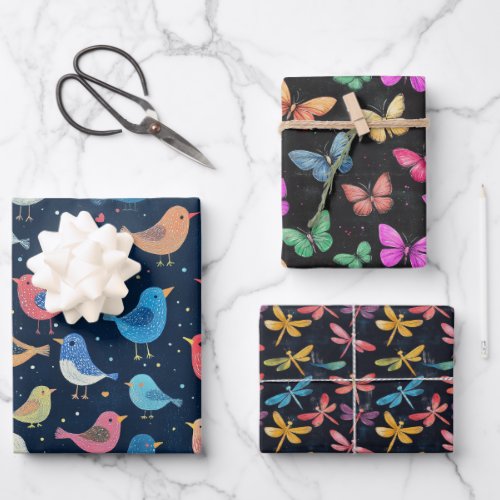 Bird Butterfly  Dragonfly Pattern Sweet Gift Set Wrapping Paper Sheets