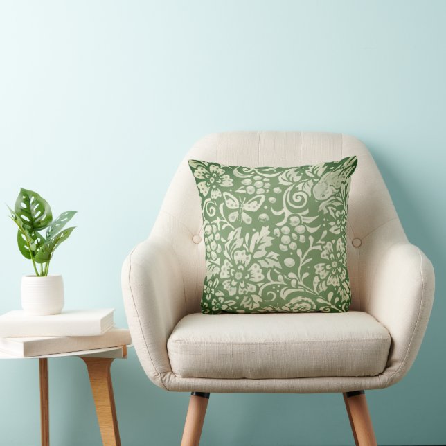 Bird Butterfly Forest Green Woodland Floral Damask Throw Pillow (Chair)